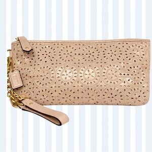 COACH Metallic Gold Laser Cut Perforated Leather Wristlet Clutch Champagne Walle
